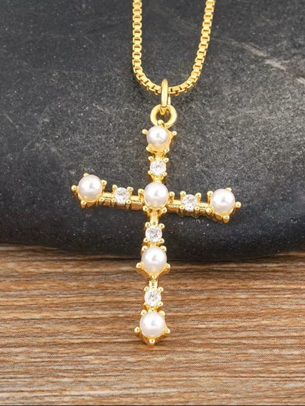 Gold Tone Pearl Cross Necklace Cross Pendant Christian Jesus Faith Gift Jewelry